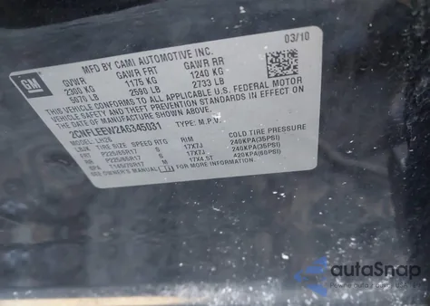 2010 Chevrolet Equinox Lt z USA, uszkodzony, nr VIN 2CNFLEEW2A6345031